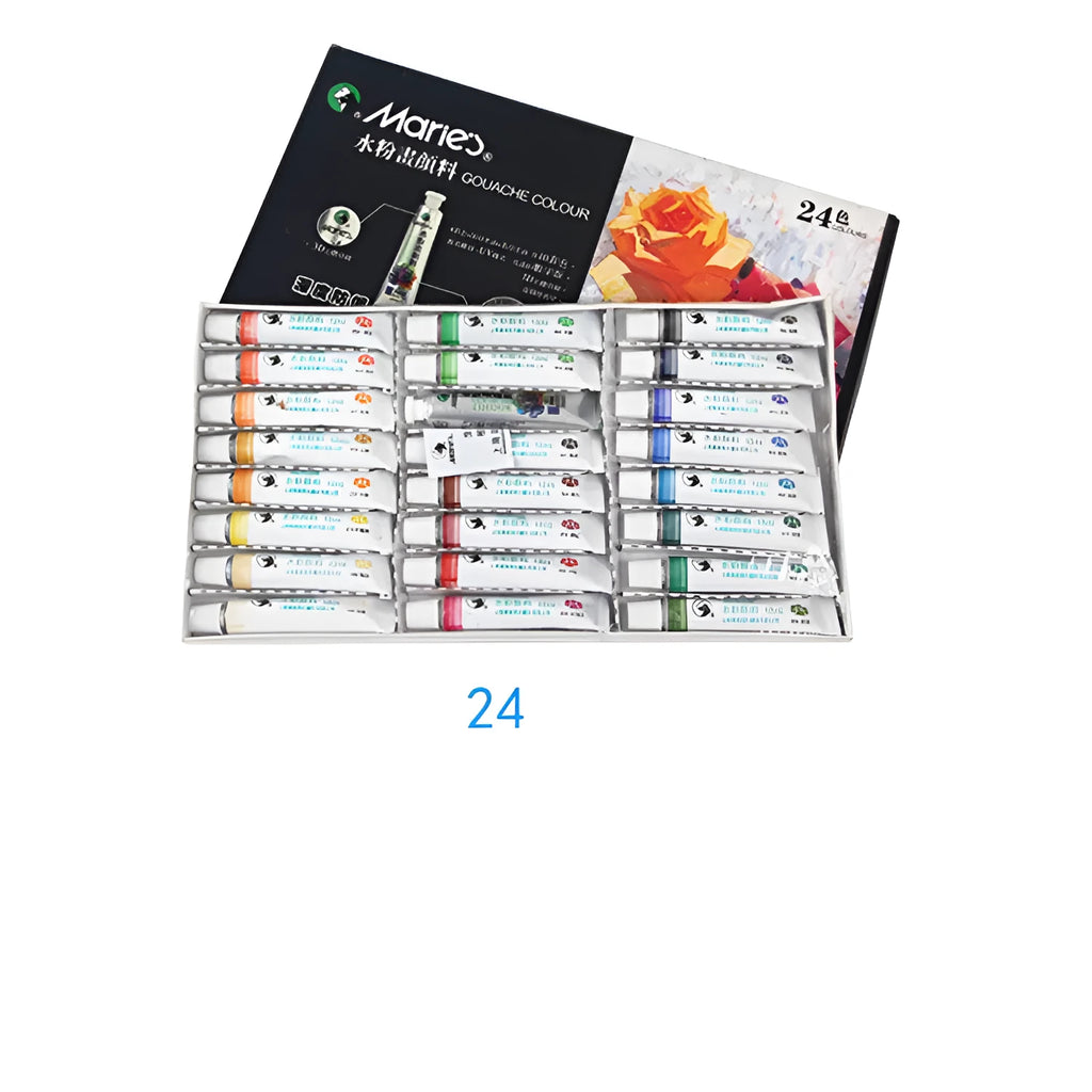 Marley gouache paint set showing 12ml tubes in 12, 18, or 24 colour options