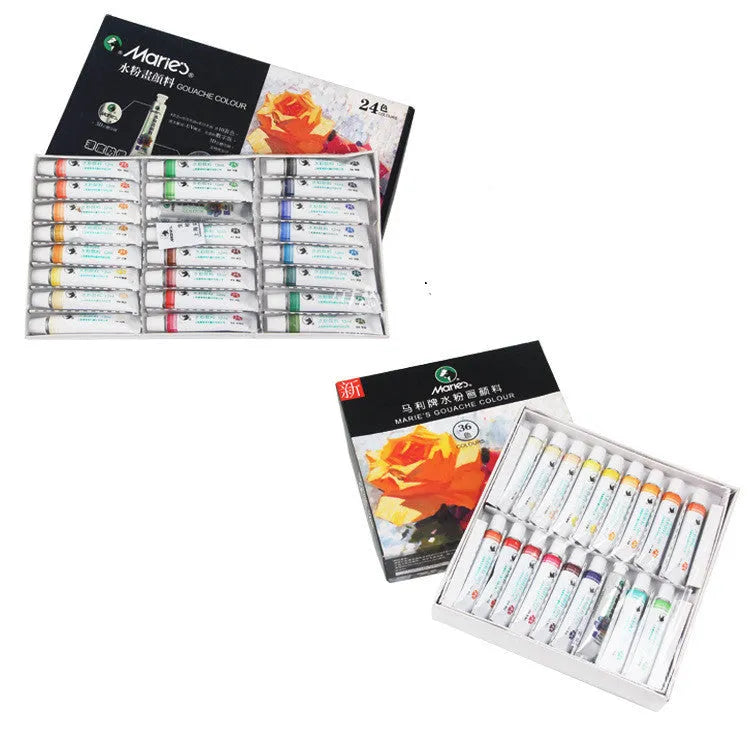 Marley gouache paint set showing 12ml tubes in 12, 18, or 24 colour options