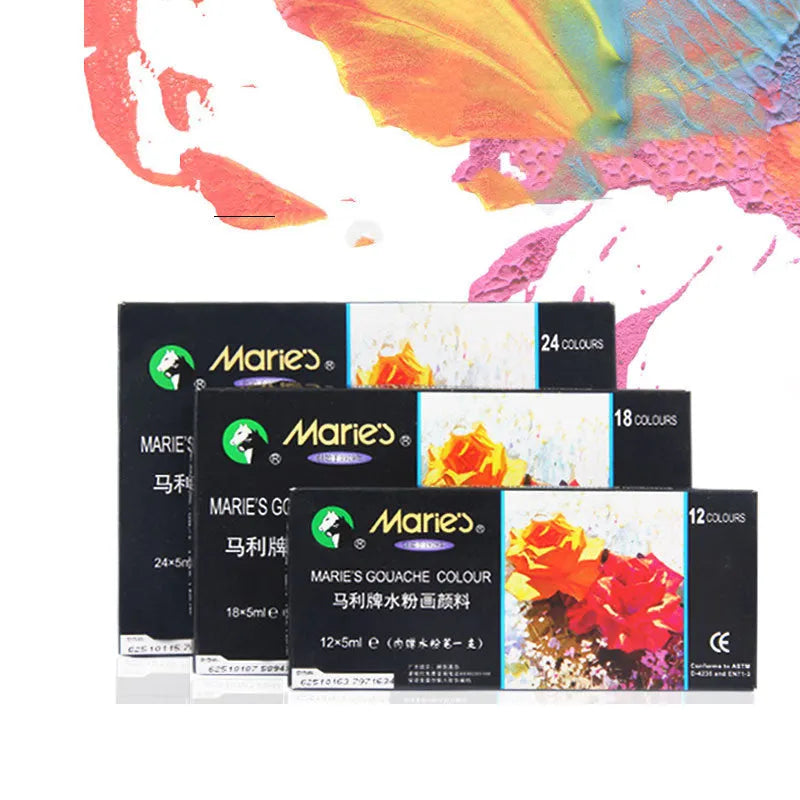Marley gouache paint set showing 12ml tubes in 12, 18, or 24 colour options