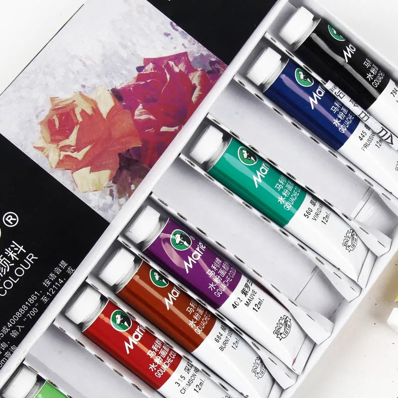 Marley gouache paint set showing 12ml tubes in 12, 18, or 24 colour options