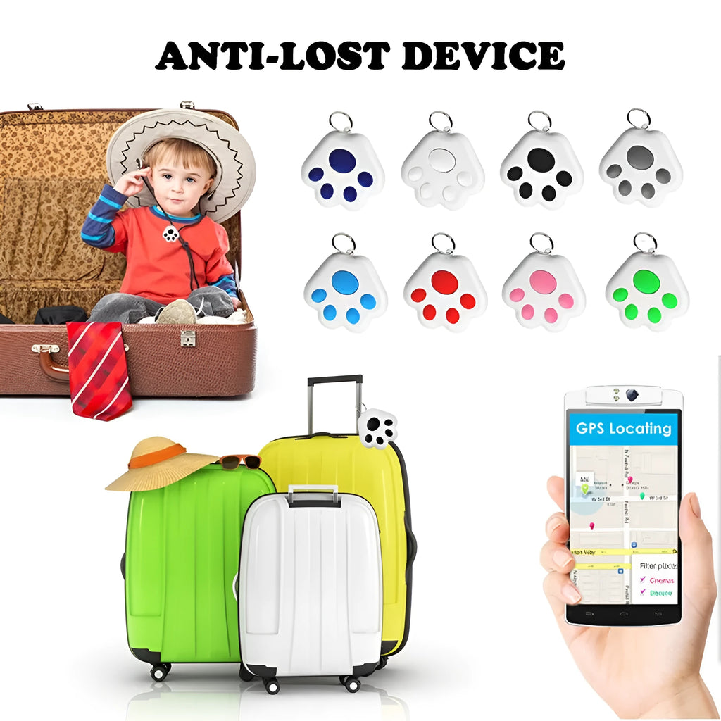 Small black dog paw shaped Bluetooth tracker device on a keyring against a white background.