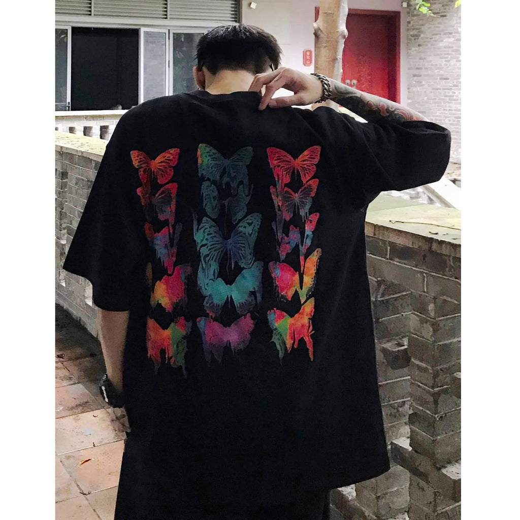Men's black loose fit short sleeve polyester t-shirt with alphabet pattern