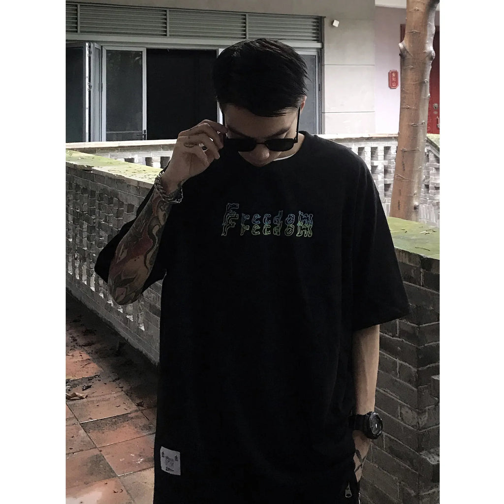 Men's black loose fit short sleeve polyester t-shirt with alphabet pattern