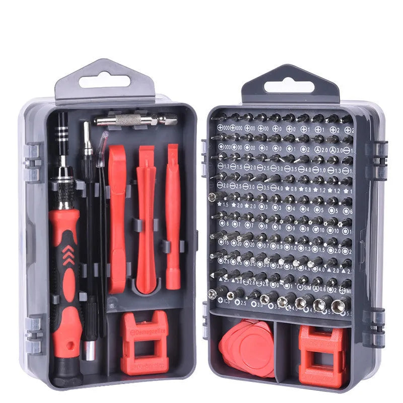 117-in-1 precision screwdriver set with magnetic bits and flexible shaft in a choice of black, blue, or red storage box.