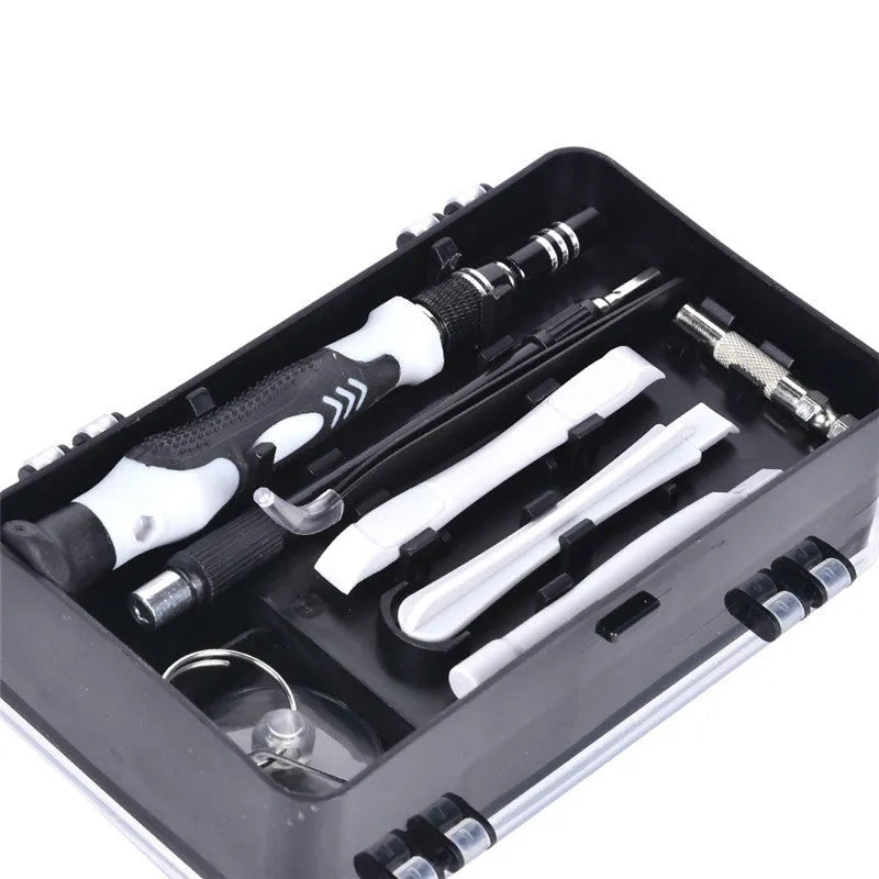 117-in-1 precision screwdriver set with magnetic bits and flexible shaft in a choice of black, blue, or red storage box.