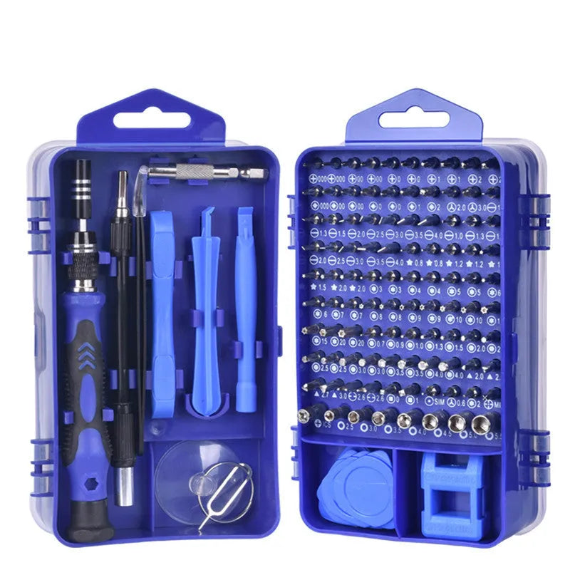 117-in-1 precision screwdriver set with magnetic bits and flexible shaft in a choice of black, blue, or red storage box.