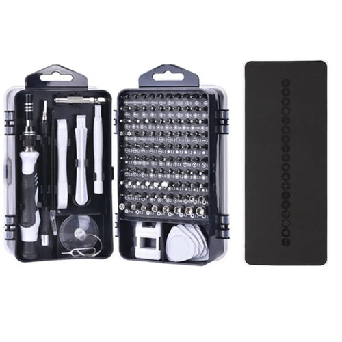 117-in-1 precision screwdriver set with magnetic bits and flexible shaft in a choice of black, blue, or red storage box.