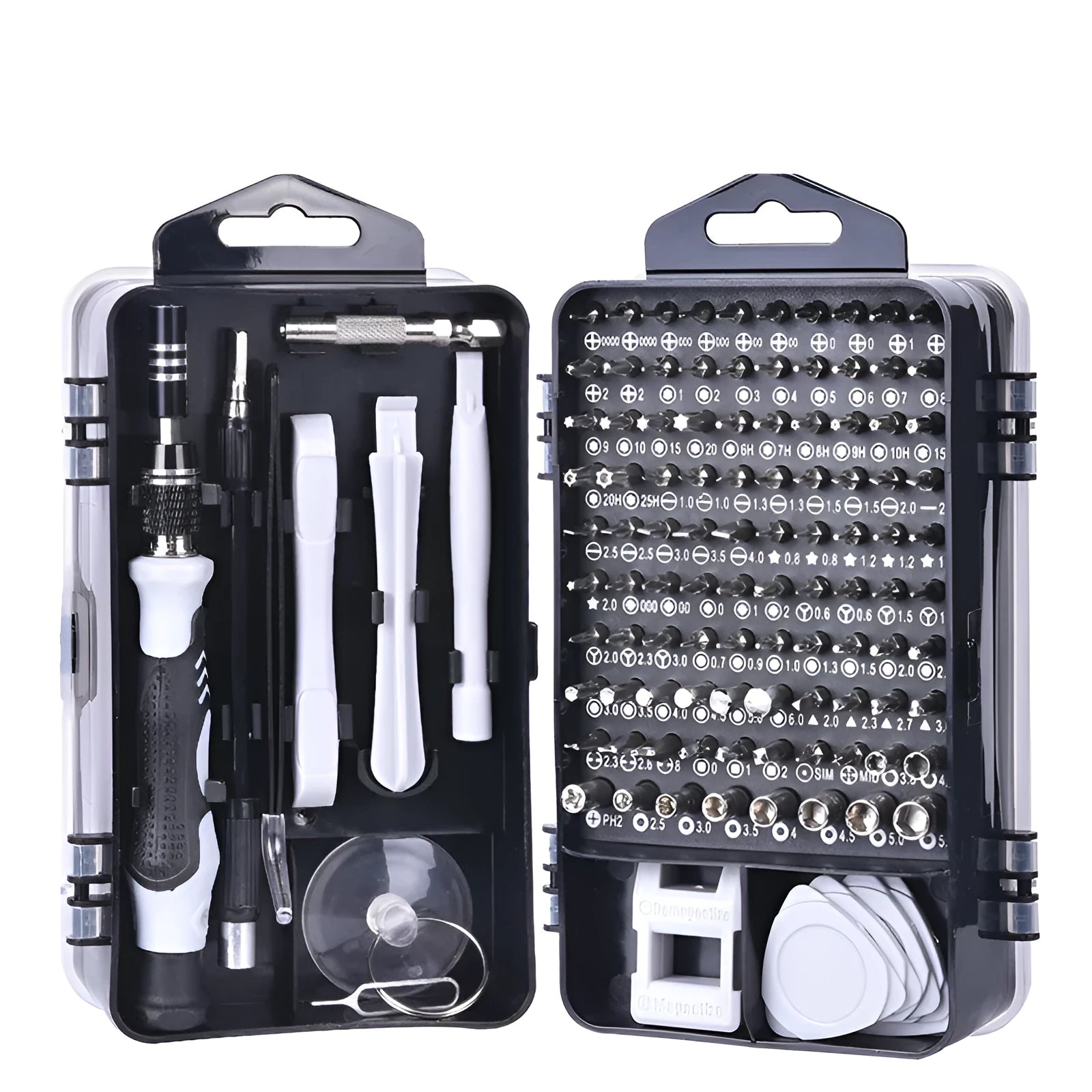 117-in-1 precision screwdriver set with magnetic bits and flexible shaft in a choice of black, blue, or red storage box.