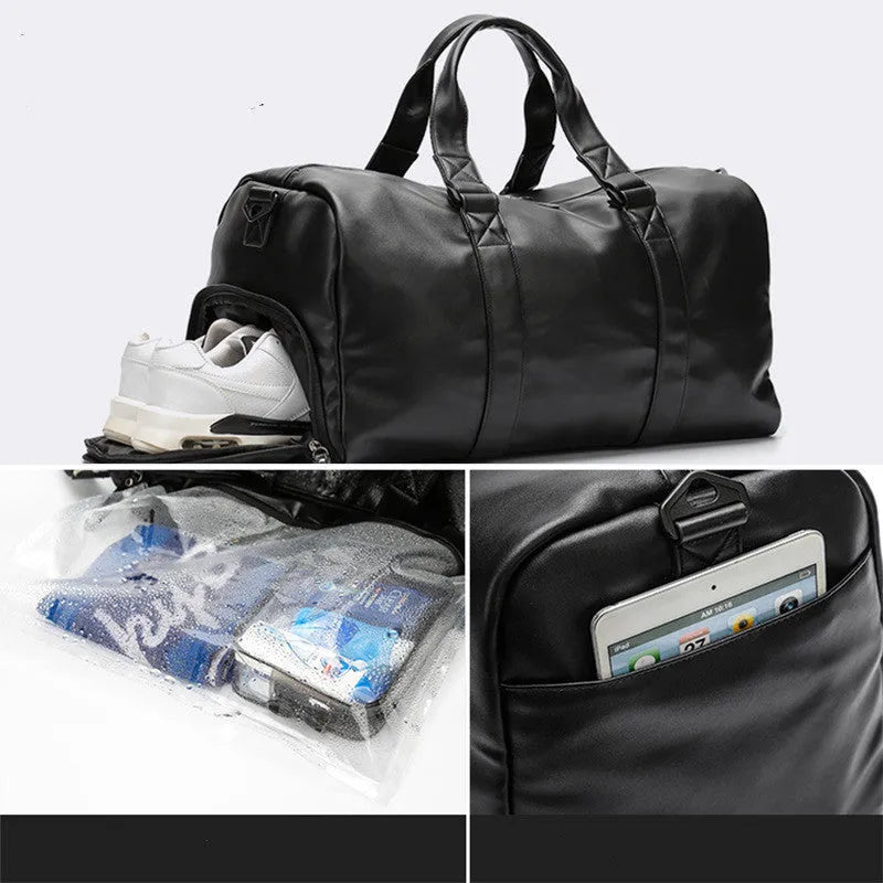 Black waterproof PU leather gym sports training bag showing internal laptop and camera compartments