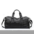 Black waterproof PU leather gym sports training bag showing internal laptop and camera compartments