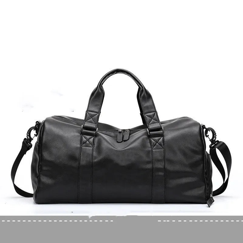 Black waterproof PU leather gym sports training bag showing internal laptop and camera compartments