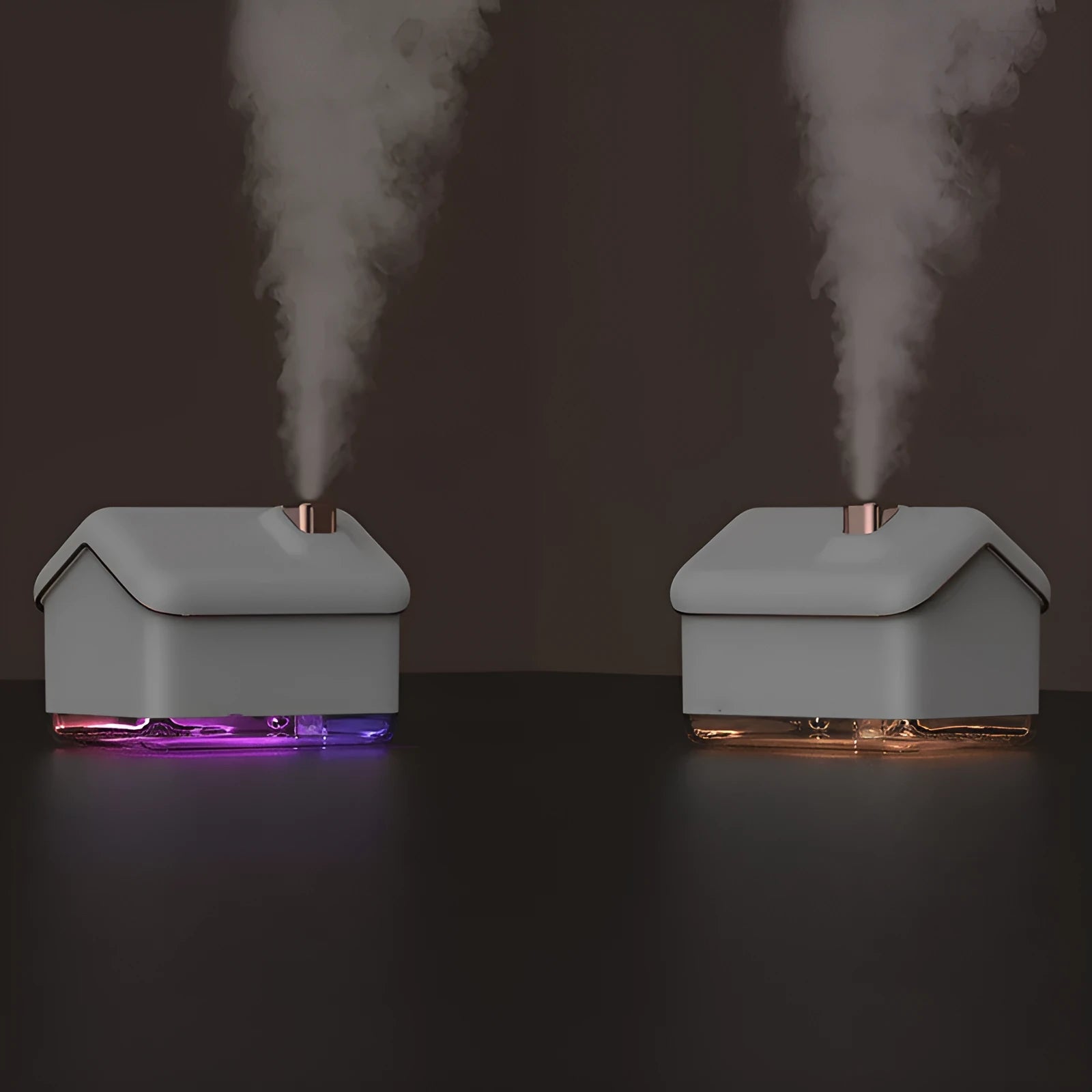 White igloo-shaped ultrasonic humidifier and essential oil diffuser with LED light on wooden table