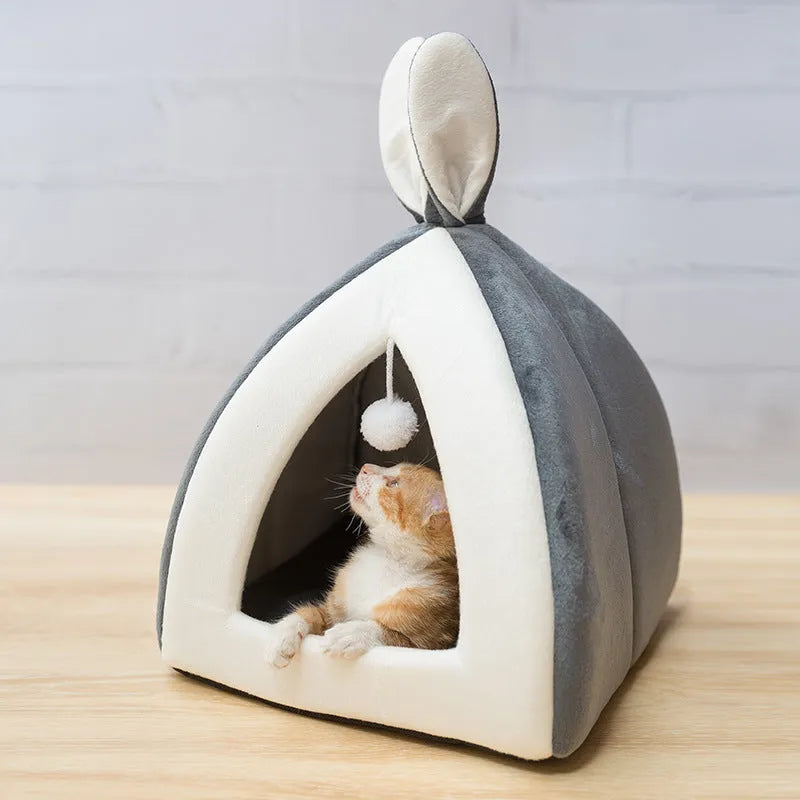 Soft grey cloth cat house villa pet bed for small dogs and cats, shown in a medium size.