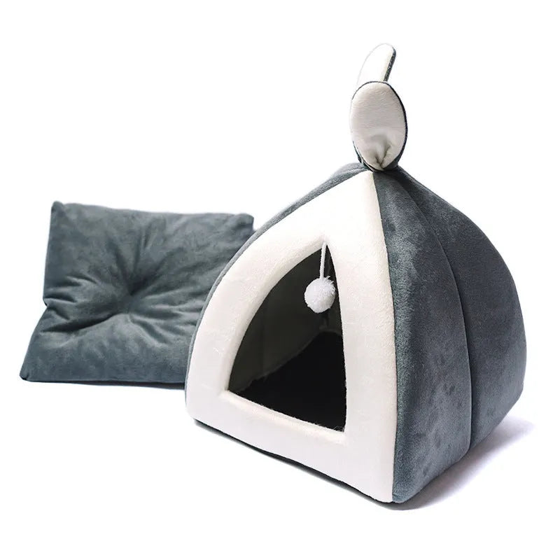 Soft grey cloth cat house villa pet bed for small dogs and cats, shown in a medium size.