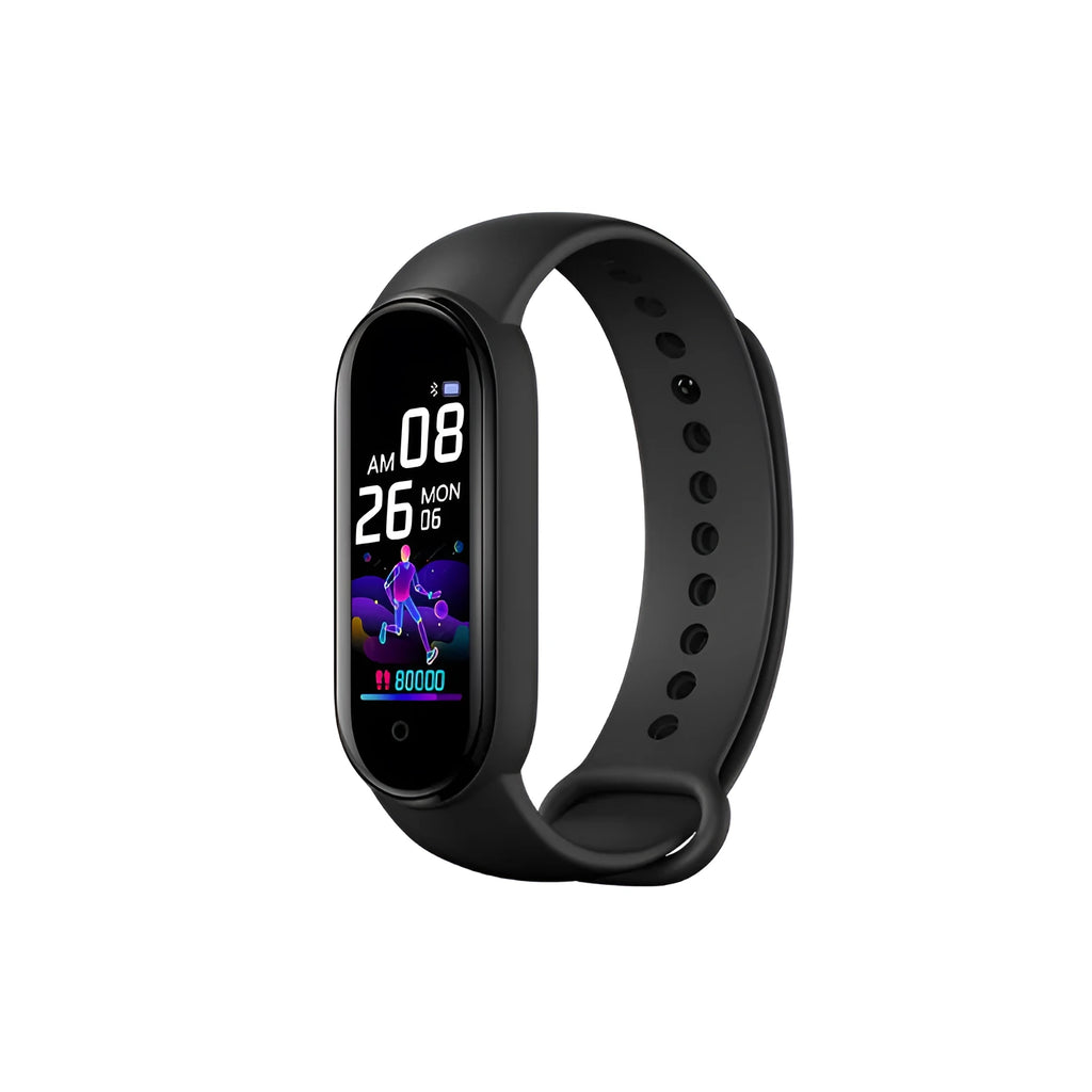 Apple-compatible M5 smart fitness bracelet with 0.96-inch touch screen showing heart rate monitoring display