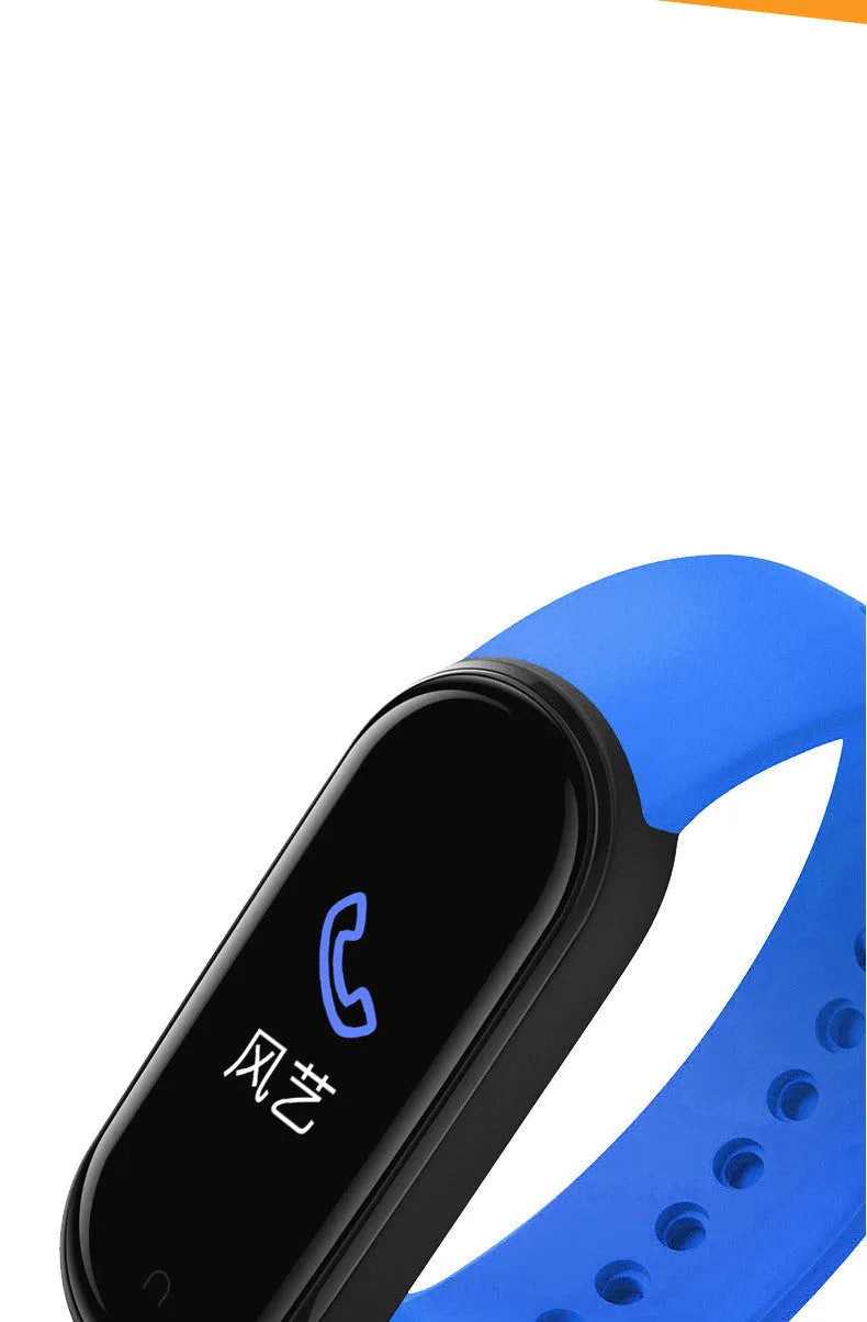 Apple-compatible M5 smart fitness bracelet with 0.96-inch touch screen showing heart rate monitoring display