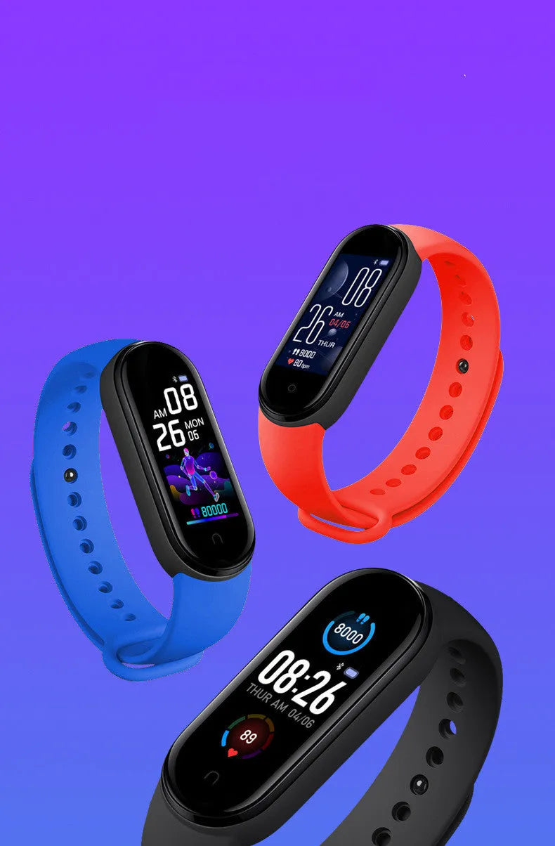 Apple-compatible M5 smart fitness bracelet with 0.96-inch touch screen showing heart rate monitoring display
