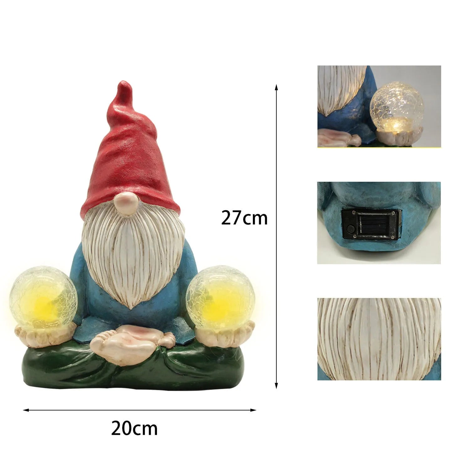 Solar LED resin dwarf doll garden ornament measuring 27x20cm with faceless old man design