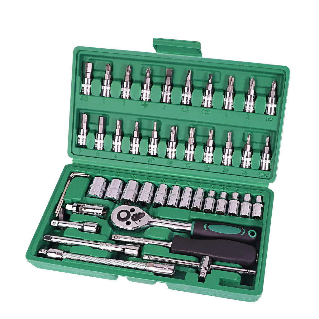 Green plastic case open showing 46-piece car repair tool set with ratchet, torque wrench and spanners.