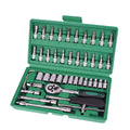 Green plastic case open showing 46-piece car repair tool set with ratchet, torque wrench and spanners.