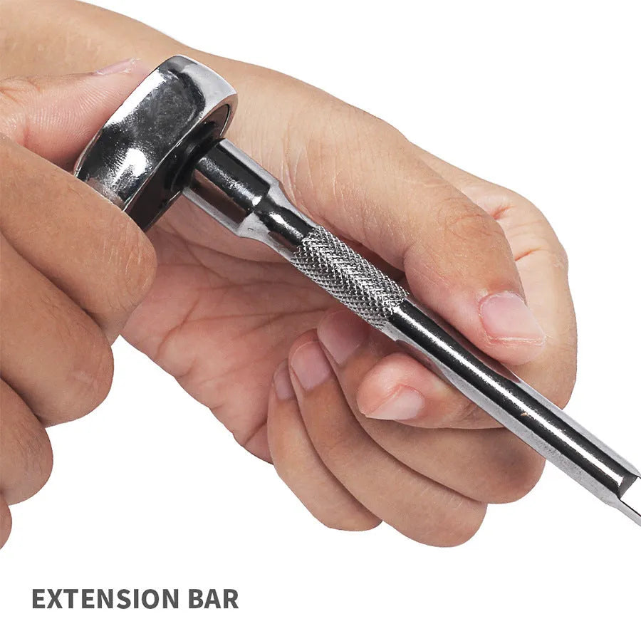 Green plastic case open showing 46-piece car repair tool set with ratchet, torque wrench and spanners.