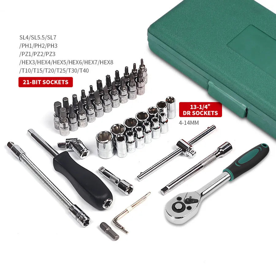 Green plastic case open showing 46-piece car repair tool set with ratchet, torque wrench and spanners.