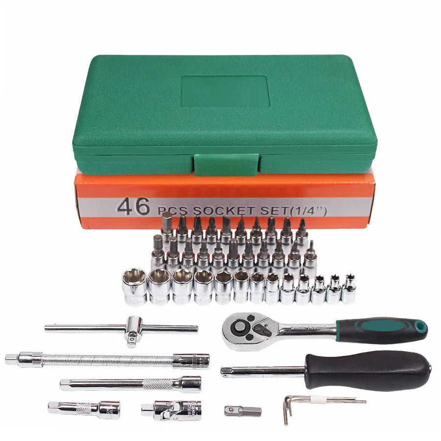 Green plastic case open showing 46-piece car repair tool set with ratchet, torque wrench and spanners.