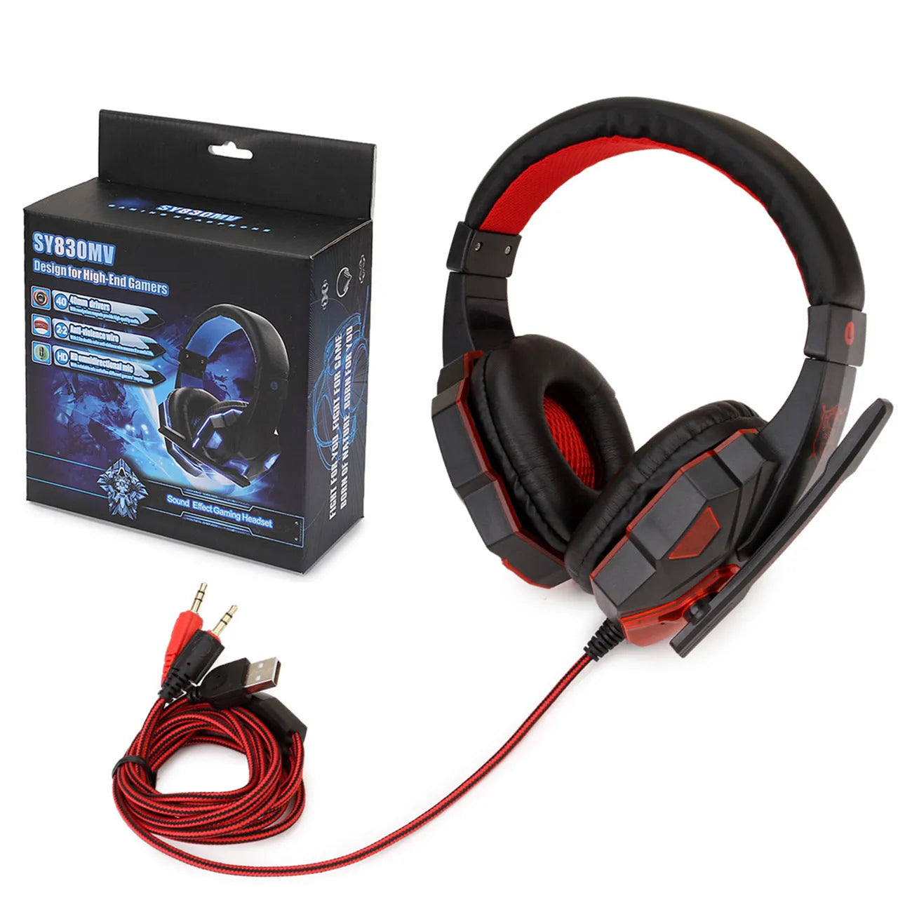 Wired gaming headset with LED lights, braided cable, and tanned leather ear cups for PC and PS4