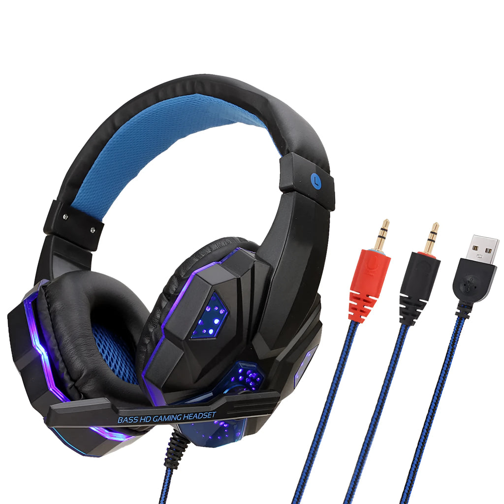 Wired gaming headset with LED lights, braided cable, and tanned leather ear cups for PC and PS4