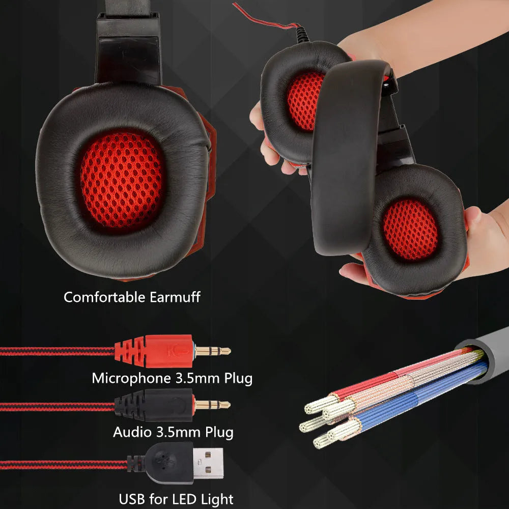 Wired gaming headset with LED lights, braided cable, and tanned leather ear cups for PC and PS4