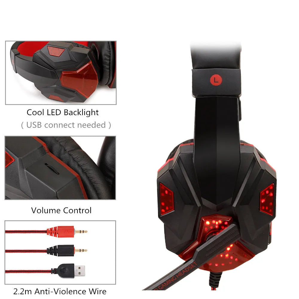 Wired gaming headset with LED lights, braided cable, and tanned leather ear cups for PC and PS4