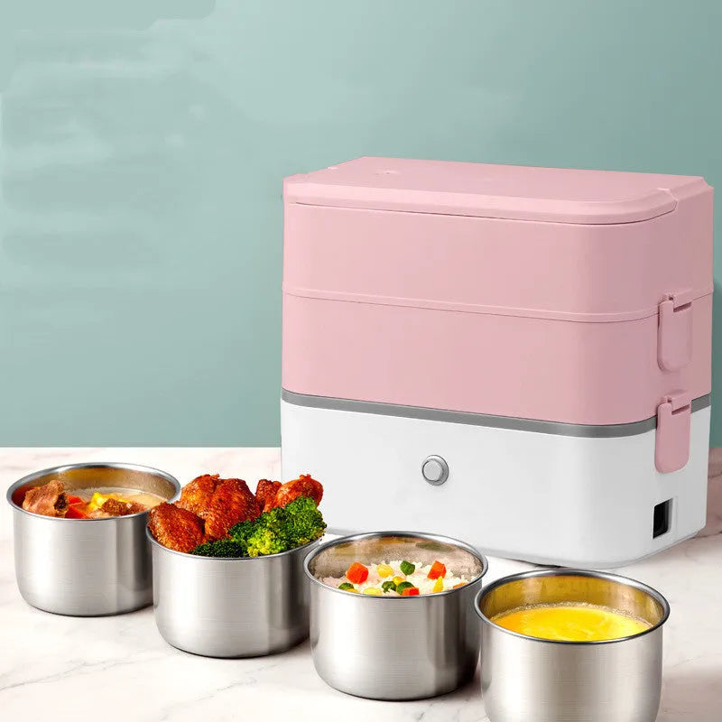 Pink and white double-layer pluggable heated lunch box with stainless steel interior and push-button controls.