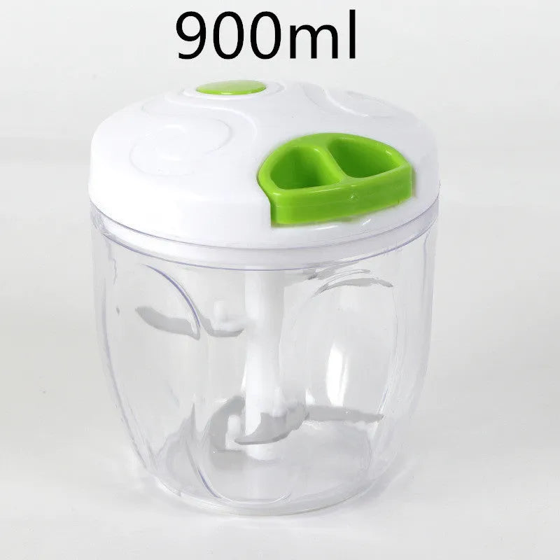 Green manual kitchen chopper with three stainless steel blades and a 500ml container.