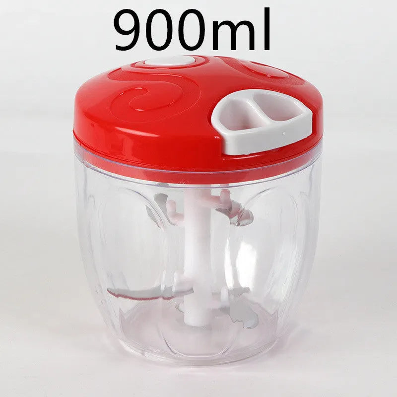 Green manual kitchen chopper with three stainless steel blades and a 500ml container.