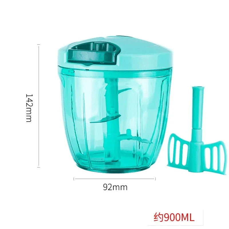Green manual kitchen chopper with three stainless steel blades and a 500ml container.