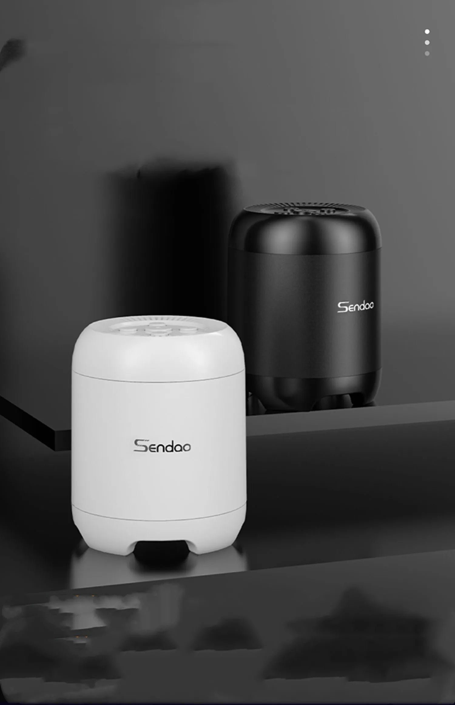 Compact black or white Bluetooth subwoofer speaker with card reader measuring 90x73x73mm