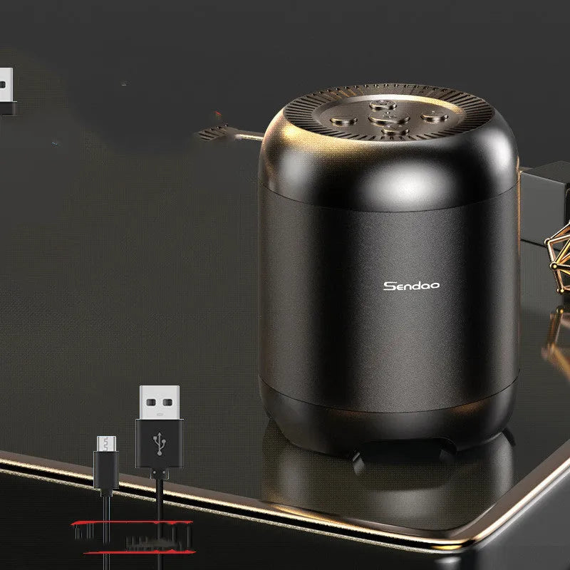 Compact black or white Bluetooth subwoofer speaker with card reader measuring 90x73x73mm
