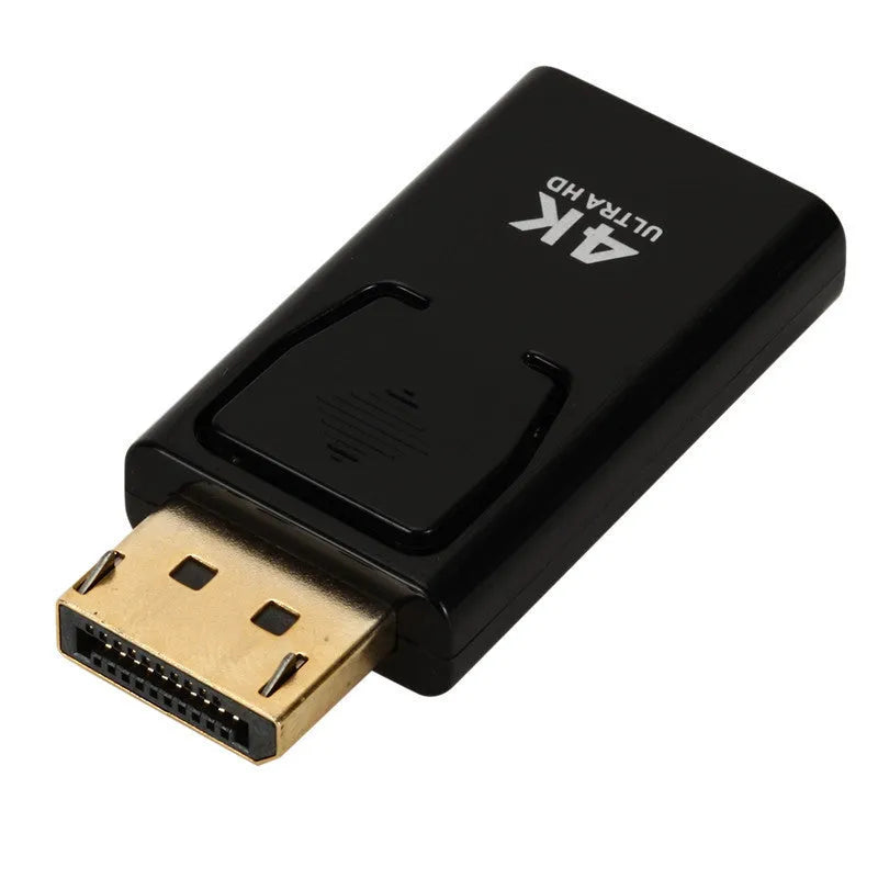 Black DisplayPort to HDMI adapter showing DP male connector and HDMI female port for 4K video conversion