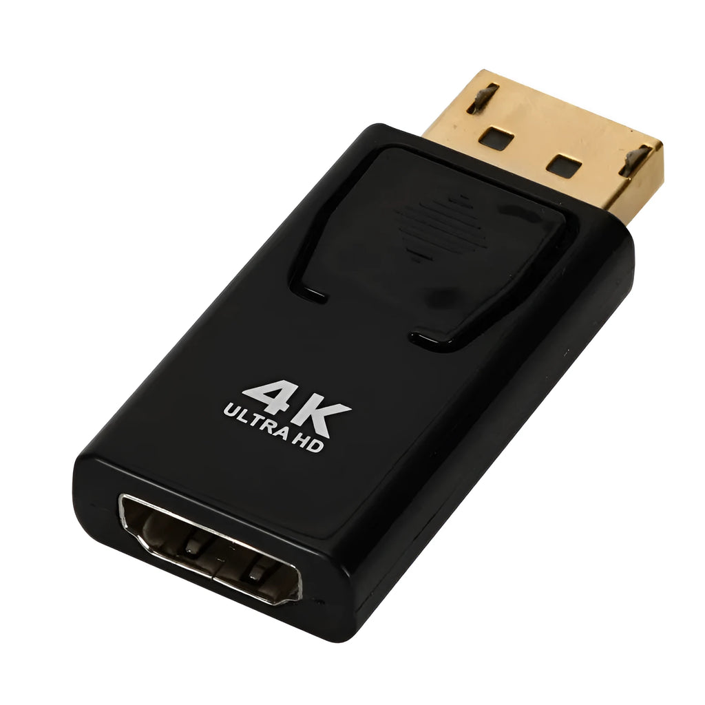 Black DisplayPort to HDMI adapter showing DP male connector and HDMI female port for 4K video conversion
