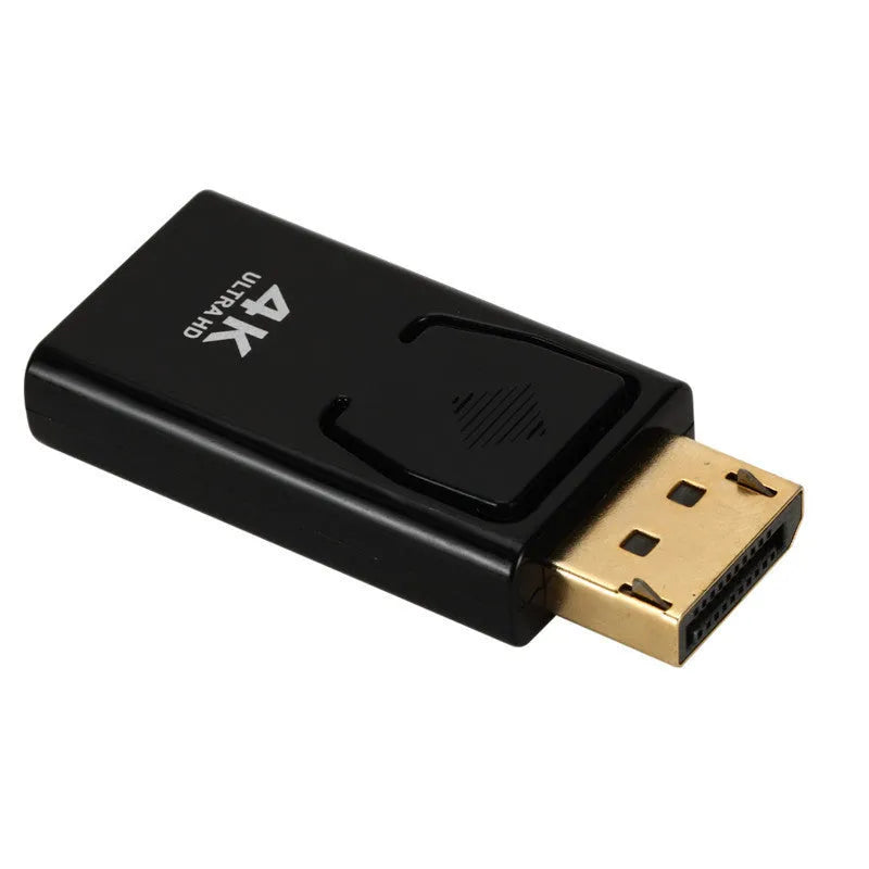 Black DisplayPort to HDMI adapter showing DP male connector and HDMI female port for 4K video conversion