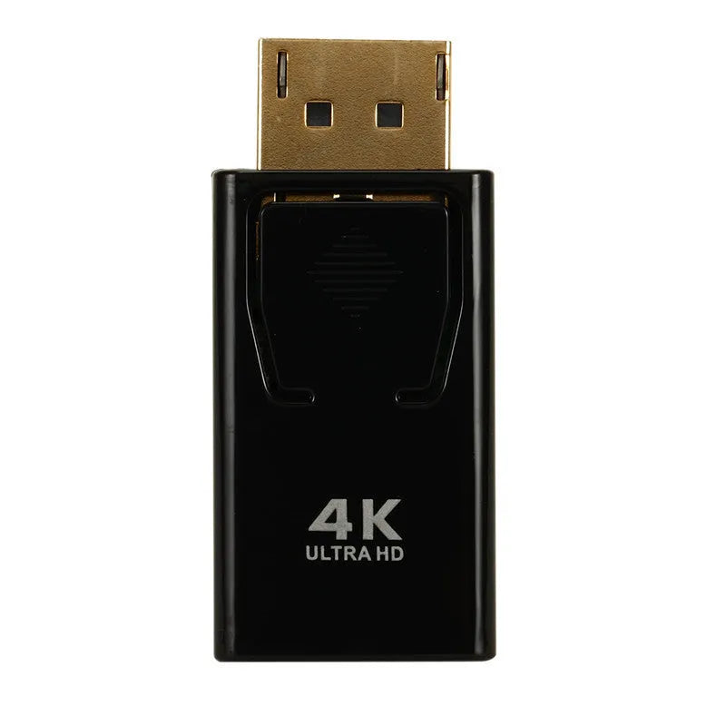 Black DisplayPort to HDMI adapter showing DP male connector and HDMI female port for 4K video conversion