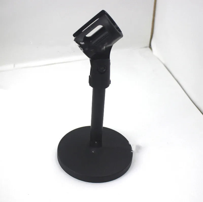 Black metal desktop microphone bracket with triangular base and plastic clip for conference microphone support