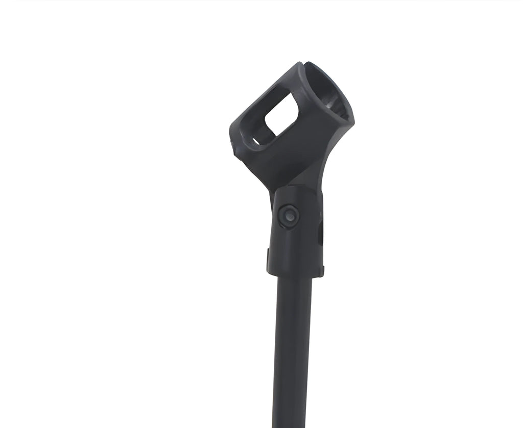 Black metal desktop microphone bracket with triangular base and plastic clip for conference microphone support