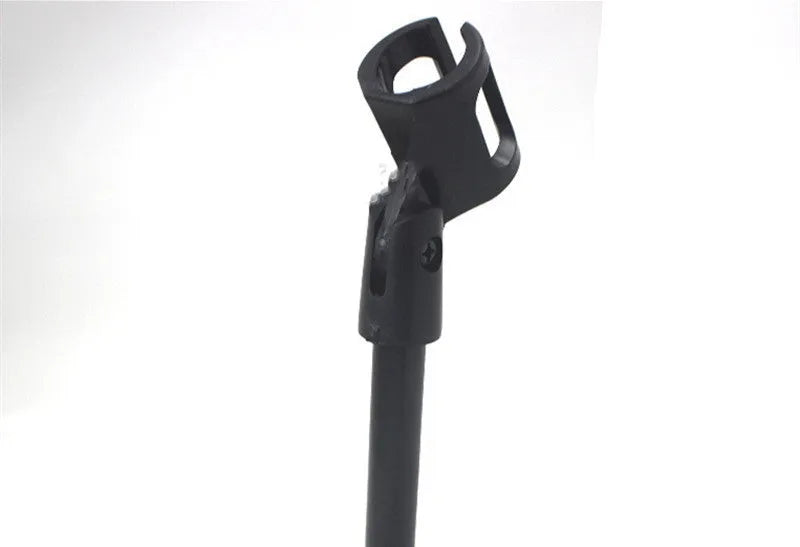 Black metal desktop microphone bracket with triangular base and plastic clip for conference microphone support