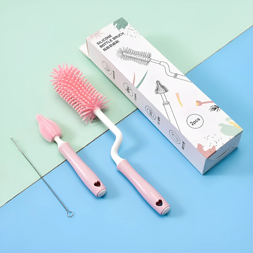 Silicone baby bottle cleaning brush set in pink, blue and yellow colours with different brush heads