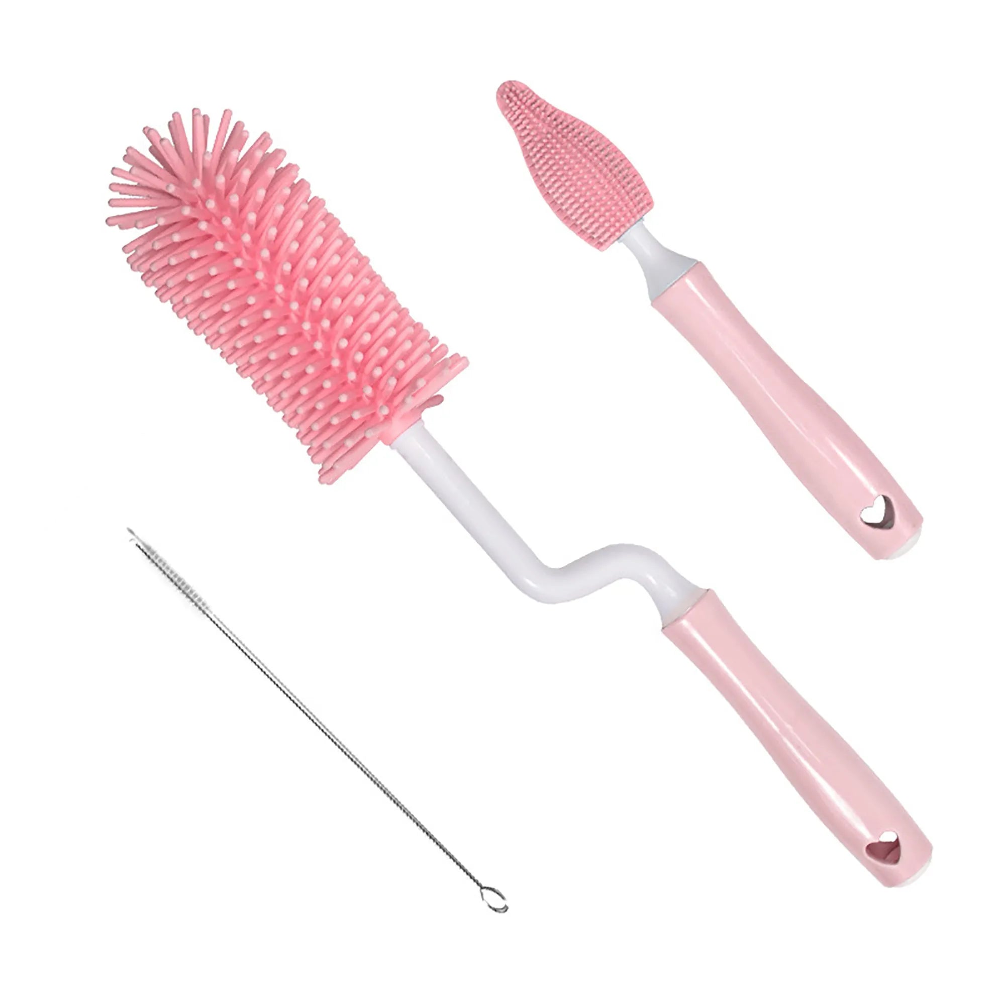 Silicone baby bottle cleaning brush set in pink, blue and yellow colours with different brush heads