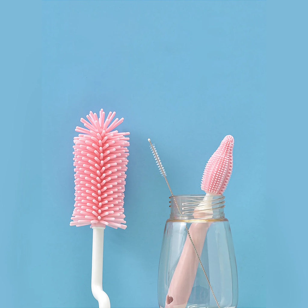 Silicone baby bottle cleaning brush set in pink, blue and yellow colours with different brush heads