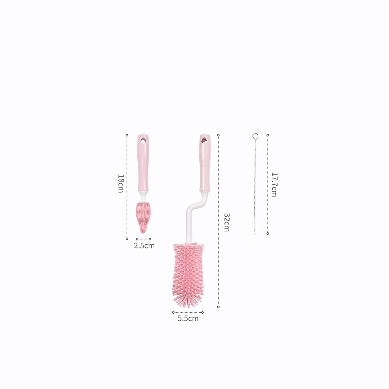 Silicone baby bottle cleaning brush set in pink, blue and yellow colours with different brush heads