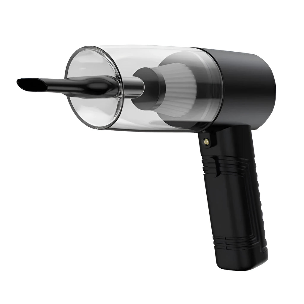 Handheld car vacuum cleaner in black or white with accessories for vehicle and home cleaning