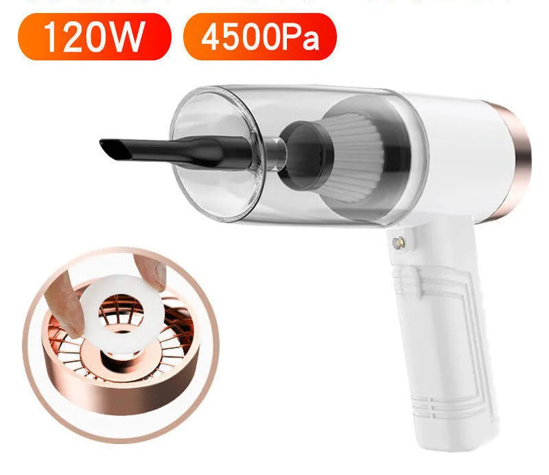 Handheld car vacuum cleaner in black or white with accessories for vehicle and home cleaning